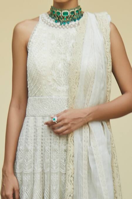 Jade By Monica & Karishma_White Net Floral Round Pavi Embroidered Anarkali With Dupatta _Online_at_Aza_Fashions