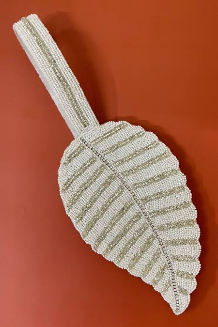 Shop Handle Those Bags White Embellished Leaf Velvet Clutch at Aza Fashions Shop_Handle Those Bags_White Embellished Leaf Velvet Clutch_at_Aza_Fashions