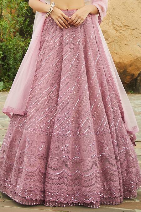 Jade By Monica & Karishma_Pink Net Square Neck Embroidered Bridal Lehenga Set _Online_at_Aza_Fashions