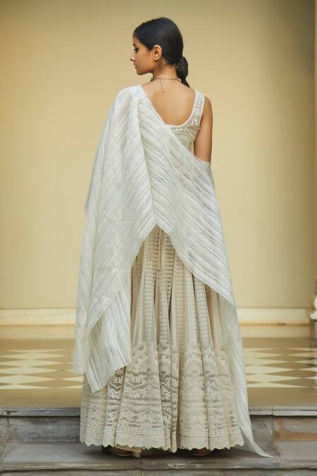 Shop_JADE BY MONICA & KARISHMA_White Blouse And Sharara Net Cape Organza Embroidery U Neck & Set  _at_Aza_Fashions