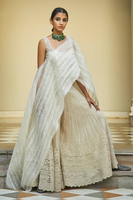 JADE BY MONICA & KARISHMA_White Blouse And Sharara Net Cape Organza Embroidery U Neck & Set  _Online_at_Aza_Fashions