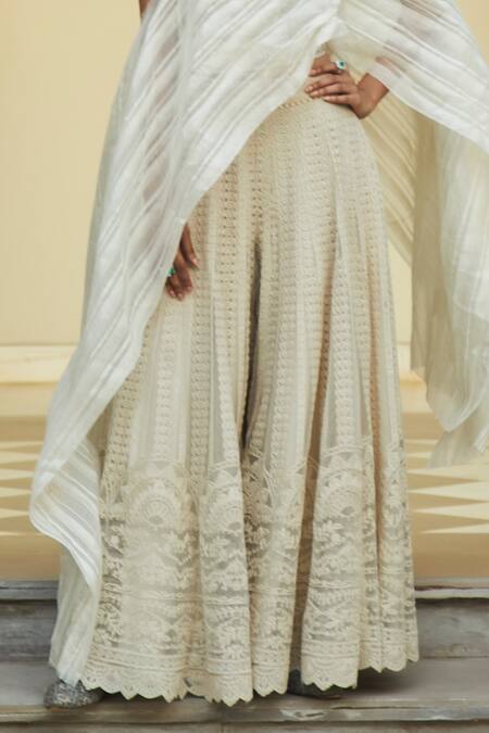 Shop_JADE BY MONICA & KARISHMA_White Blouse And Sharara Net Cape Organza Embroidery U Neck & Set  _Online_at_Aza_Fashions