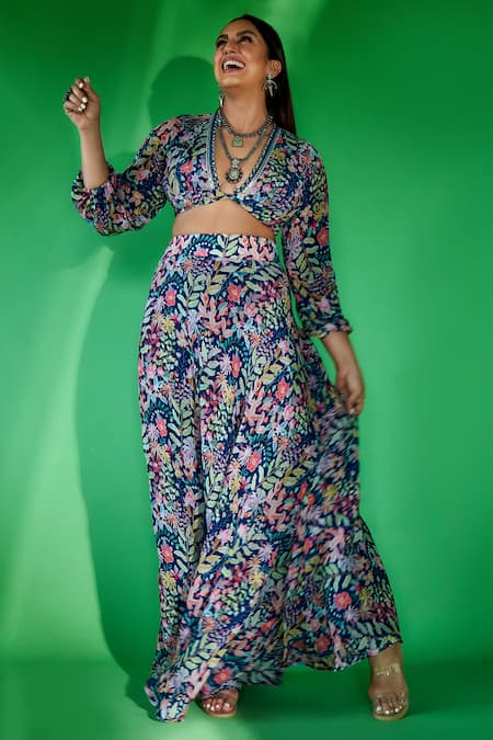 Rishi And Vibhuti_Blue Crepe Floral Print U Neck Crop Top And Skirt Set _Online_at_Aza_Fashions