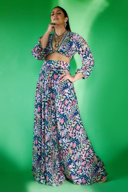 Buy_Rishi And Vibhuti_Blue Crepe Floral Print U Neck Crop Top And Skirt Set _Online_at_Aza_Fashions