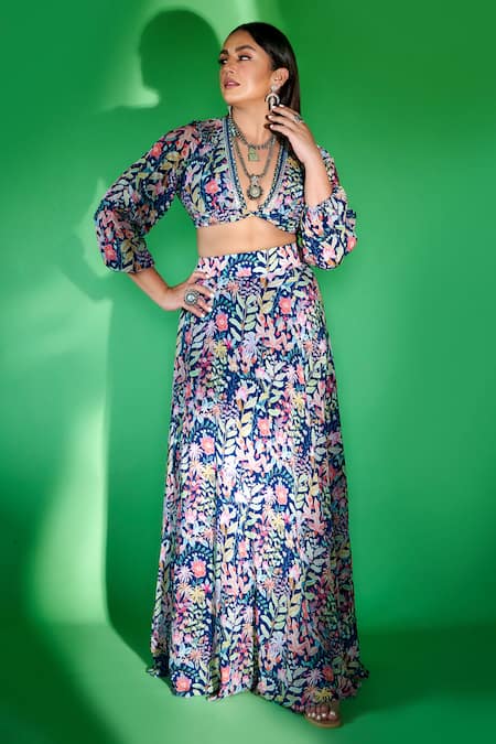 Shop_Rishi And Vibhuti_Blue Crepe Floral Print U Neck Crop Top And Skirt Set _Online_at_Aza_Fashions