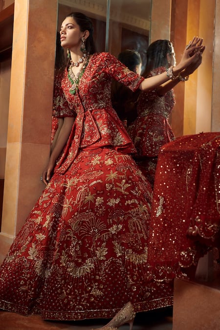 Shop_Sahil Kochhar_Red Silk Organza V Neck Husna Lehenga Set _at_Aza_Fashions