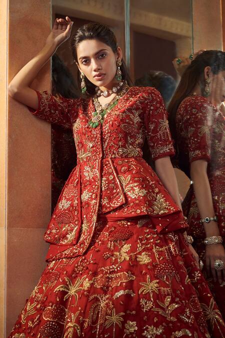 Sahil Kochhar_Red Silk Organza V Neck Husna Lehenga Set _Online_at_Aza_Fashions