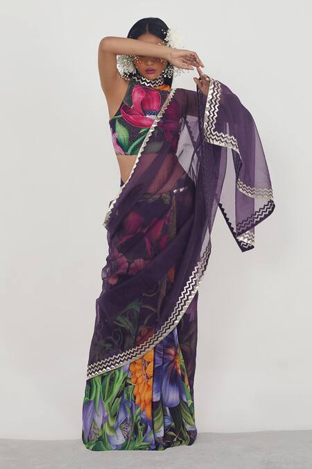 Limerick By Abirr N' Nanki Blue Organza, Crepe Round Printed Blouse Online at Aza Fashions Limerick By Abirr N' Nanki_Blue Organza, Crepe Round Printed Blouse _Online_at_Aza_Fashions