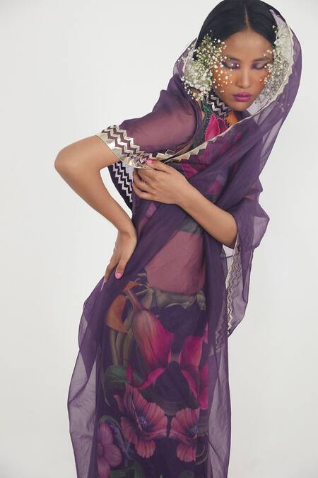 Limerick By Abirr N' Nanki Blue Organza, Crepe Printed Saree Online at Aza Fashions Limerick By Abirr N' Nanki_Blue Organza, Crepe Printed Saree _Online_at_Aza_Fashions