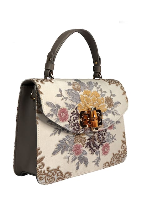 The Leather Garden White Floral Flap Handbag Online at Aza Fashions The Leather Garden_White Floral Flap Handbag _Online_at_Aza_Fashions