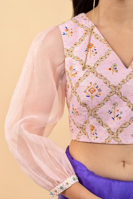 Pita Nila_Purple Silk, Satin Beads, Embroidery V-neck Soha Placement Saree With Blouse _Online_at_Aza_Fashions