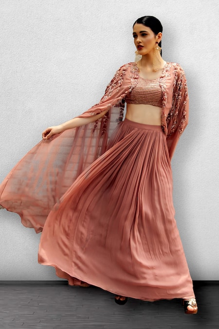 Shop_Jade By Ashima_Pink Blouse Dupion Silk,  Lehenga U Neck Cape And Set _at_Aza_Fashions