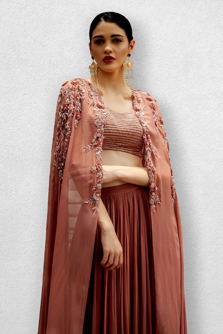 Jade By Ashima_Pink Blouse Dupion Silk,  Lehenga U Neck Cape And Set _Online_at_Aza_Fashions