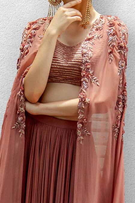 Buy_Jade By Ashima_Pink Blouse Dupion Silk,  Lehenga U Neck Cape And Set _Online_at_Aza_Fashions