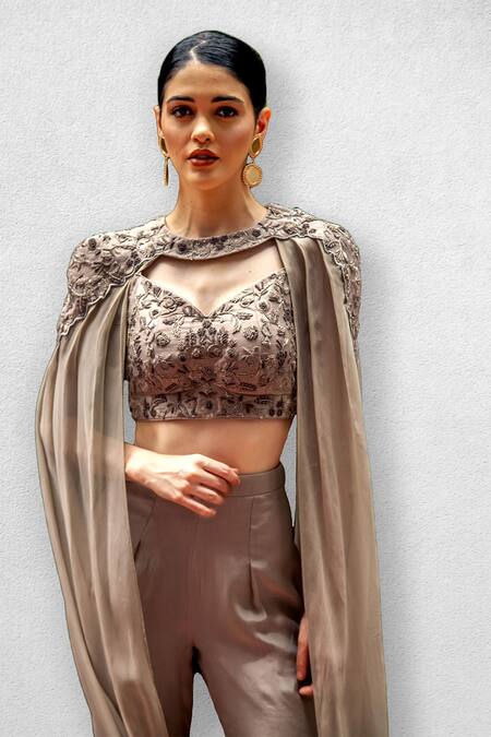 Jade By Ashima_Grey Blouse Dupion Silk And Georgette Pant Crepe Embroidery V Neck Cape & Set _Online_at_Aza_Fashions