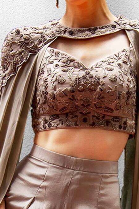 Buy_Jade By Ashima_Grey Blouse Dupion Silk And Georgette Pant Crepe Embroidery V Neck Cape & Set _Online_at_Aza_Fashions