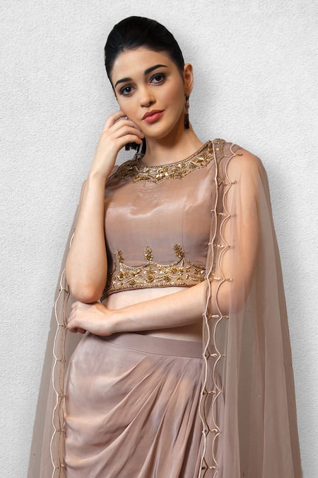 Jade By Ashima_Brown Blouse  Skirt Silk Round Cape And Draped Set _Online_at_Aza_Fashions