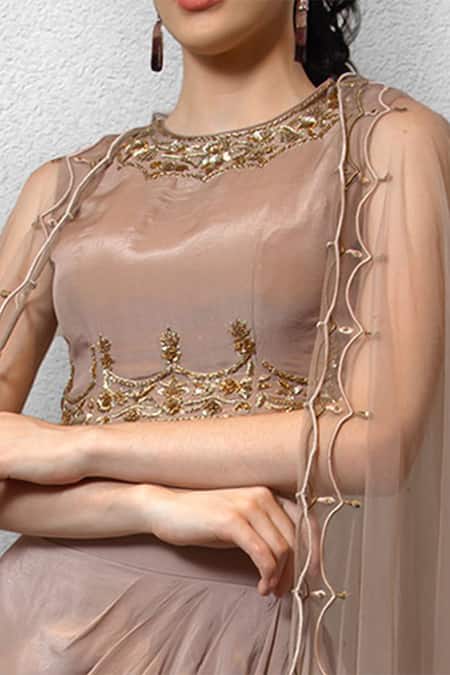 Buy_Jade By Ashima_Brown Blouse  Skirt Silk Round Cape And Draped Set _Online_at_Aza_Fashions