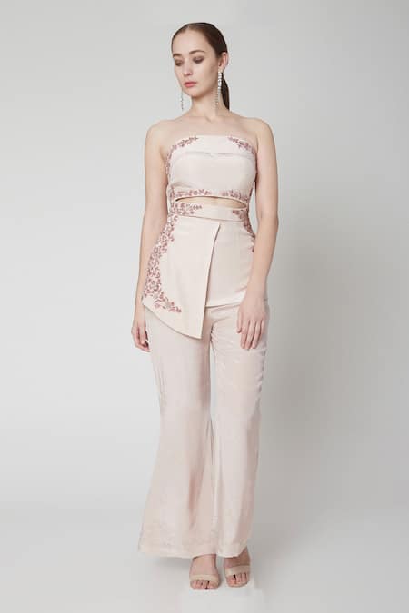 Jade By Ashima Pink Crepe Bandeau Top And Pant Set 