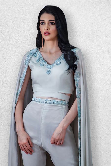 Shop_Jade By Ashima_Blue Silk Crepe V Neck Embroidered Cape And Sharara Pant Set _at_Aza_Fashions