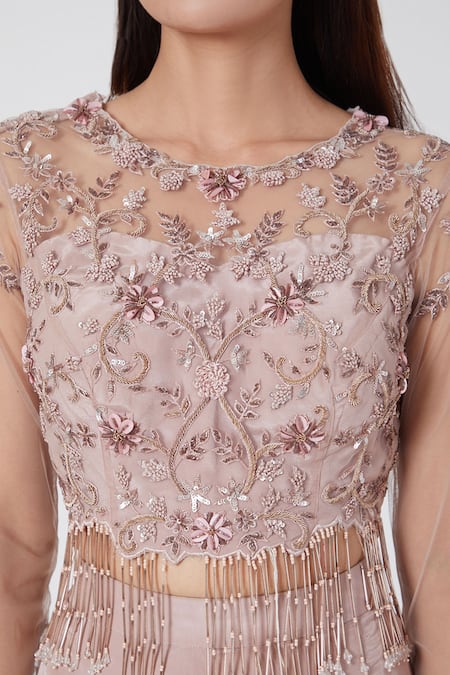Buy_Jade By Ashima_Pink Top Net Pant Crepe Embroidery Round Draped Crop And Set _Online_at_Aza_Fashions