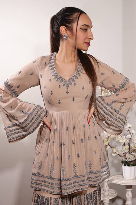 Jade By Ashima_Peach Net, Crepe V Neck Embroidered Peplum Kurta And Sharara Set _Online_at_Aza_Fashions