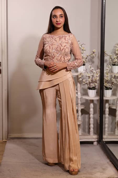 Shop_Jade By Ashima_Peach Crepe Embroidery Round Top And Draped Pant Set _at_Aza_Fashions