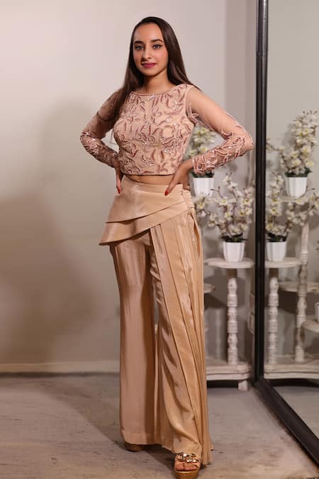 Jade By Ashima Embroidered Top & Draped Pant Set 