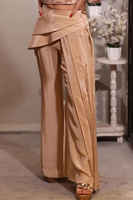 Shop_Jade By Ashima_Peach Crepe Embroidery Round Top And Draped Pant Set _Online_at_Aza_Fashions