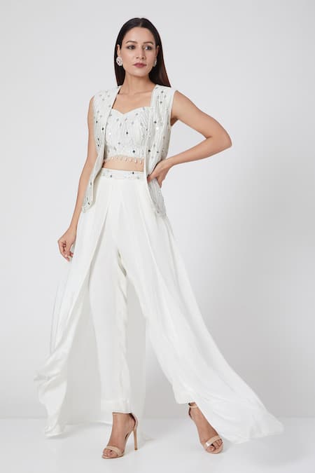 Jade By Ashima_White Blouse Dupion Silk Embroidery V Neck Jacket And Pant Set _Online_at_Aza_Fashions