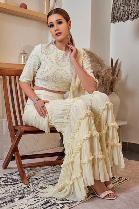 Jade By Ashima_White Georgette Cutdana, Dabka, Moti And Sequin, Pre-draped Gharara Saree Set_Online_at_Aza_Fashions