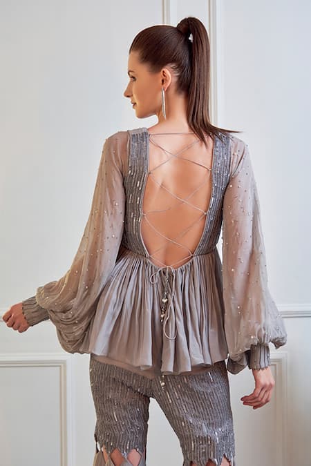 Jade By Ashima_Grey Georgette And Crepe Sequin, Pearl & Moti Notched Kurta Sharara Set _Online_at_Aza_Fashions
