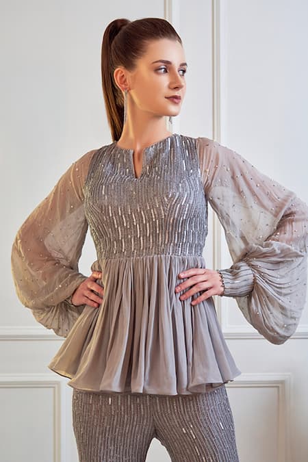 Buy_Jade By Ashima_Grey Georgette And Crepe Sequin, Pearl & Moti Notched Kurta Sharara Set _Online_at_Aza_Fashions