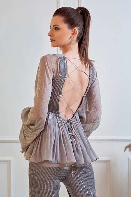 Shop_Jade By Ashima_Grey Georgette And Crepe Sequin, Pearl & Moti Notched Kurta Sharara Set _Online_at_Aza_Fashions