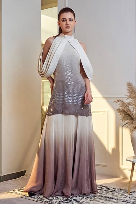Buy_Jade By Ashima_White Georgette And Satin Sequin High Kurta Sharara Set _Online_at_Aza_Fashions