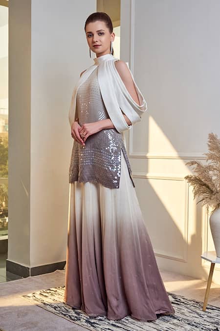 Shop_Jade By Ashima_White Georgette And Satin Sequin High Kurta Sharara Set _Online_at_Aza_Fashions