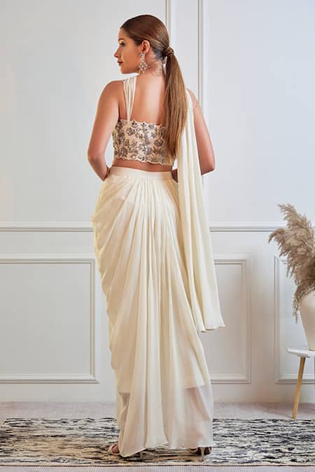 Shop_Jade By Ashima_White Dupion And Crepe Cutdana, Mirror, Resham, Zari & Blouse & Dhoti Pant Set _at_Aza_Fashions