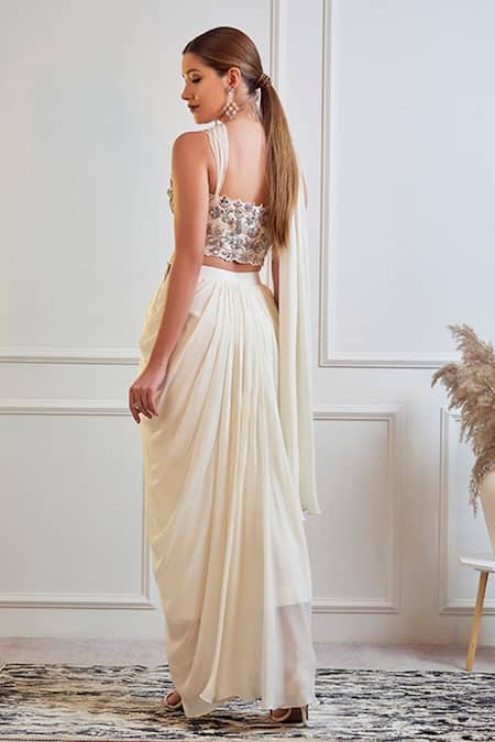 Jade By Ashima_White Dupion And Crepe Cutdana, Mirror, Resham, Zari & Blouse & Dhoti Pant Set _Online_at_Aza_Fashions