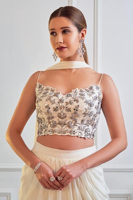 Buy_Jade By Ashima_White Dupion And Crepe Cutdana, Mirror, Resham, Zari & Blouse & Dhoti Pant Set _Online_at_Aza_Fashions