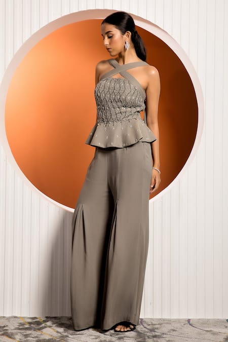 Jade By Ashima_Green Georgette Floral Criss Cross Freya Embellished Peplum And Trouser Set _Online_at_Aza_Fashions