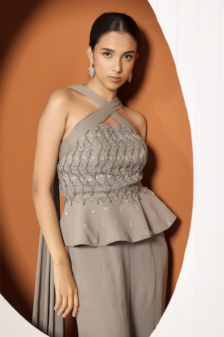 Jade By Ashima_Green Georgette Floral Criss Cross Freya Embellished Peplum And Trouser Set _at_Aza_Fashions