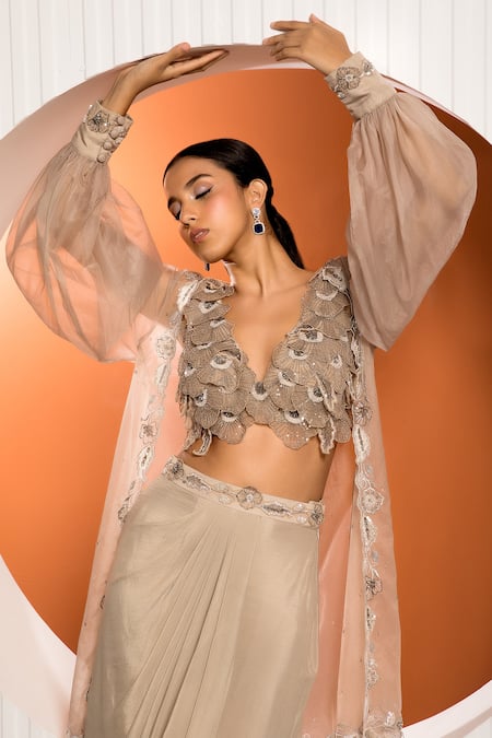 Shop Jade By Ashima Brown Organza, Crepe Floral Blouse Scoop Neck, Pansies Shrug And Draped Skirt Set Online at Aza Fashions Shop_Jade By Ashima_Brown Organza, Crepe Floral Blouse Scoop Neck, Pansies Shrug And Draped Skirt Set _Online_at_Aza_Fashions