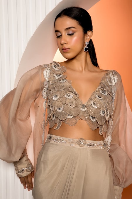 Jade By Ashima Brown Organza, Crepe Floral Blouse Scoop Neck, Pansies Shrug And Draped Skirt Set at Aza Fashions Jade By Ashima_Brown Organza, Crepe Floral Blouse Scoop Neck, Pansies Shrug And Draped Skirt Set _at_Aza_Fashions