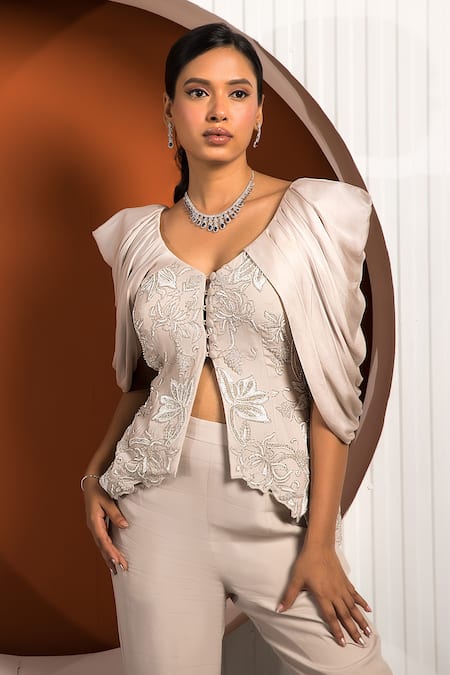 Shop_Jade By Ashima_Pink Crepe Floral Leaf Neck Chrysanthemum Jacket And Trouser Set _Online_at_Aza_Fashions