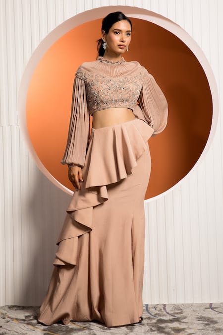 Jade By Ashima_Pink Crepe, Chinnon Floral, Mirror Round Bouquet Blouse And Ruffle Skirt Set _Online_at_Aza_Fashions