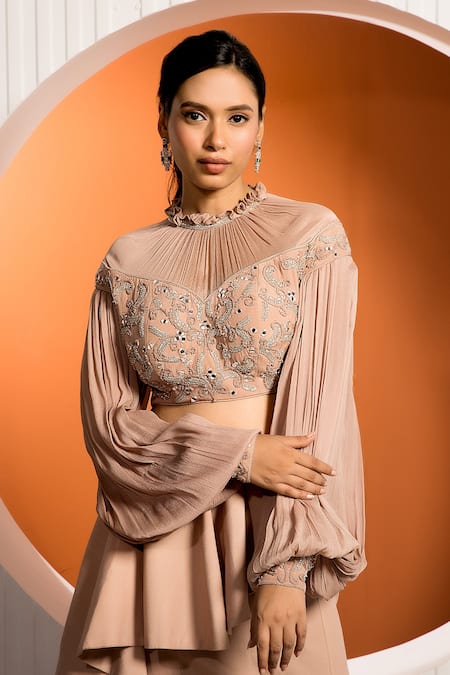 Buy_Jade By Ashima_Pink Crepe, Chinnon Floral, Mirror Round Bouquet Blouse And Ruffle Skirt Set _Online_at_Aza_Fashions