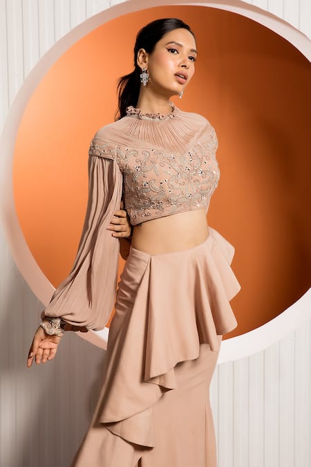 Shop_Jade By Ashima_Pink Crepe, Chinnon Floral, Mirror Round Bouquet Blouse And Ruffle Skirt Set _Online_at_Aza_Fashions
