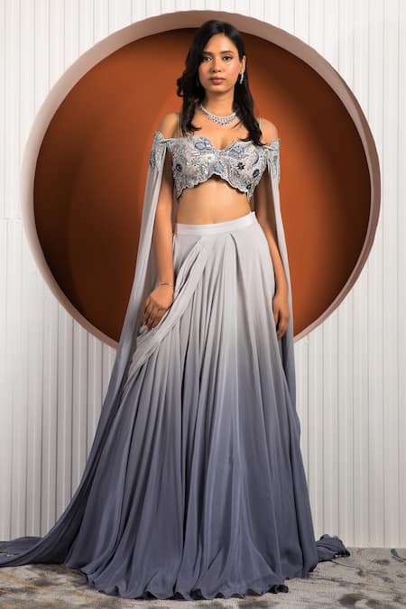 Shop Jade By Ashima Blue Crepe Floral Sweetheart Neck Columbine Blouse And Ombre Skirt Set Shop_Jade By Ashima_Blue Crepe Floral Sweetheart Neck Columbine Blouse And Ombre Skirt Set