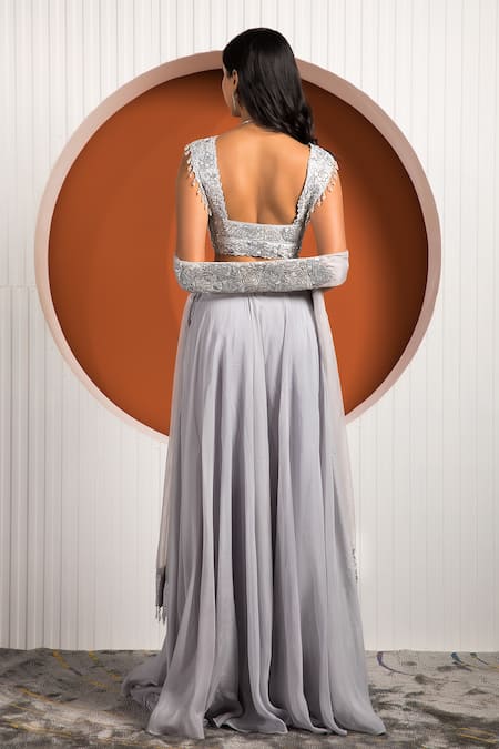Shop_Jade By Ashima_Blue Georgette Embroidery Rose Sweetheart Neck Ruffle Skirt Set _at_Aza_Fashions