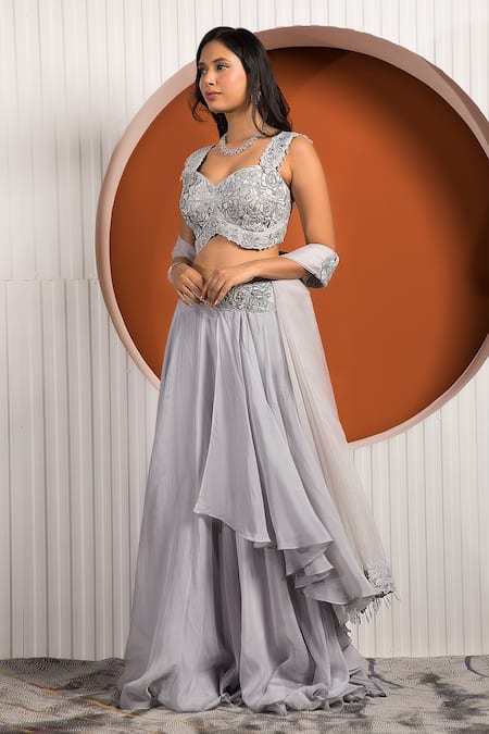 Buy_Jade By Ashima_Blue Georgette Embroidery Rose Sweetheart Neck Ruffle Skirt Set _Online_at_Aza_Fashions